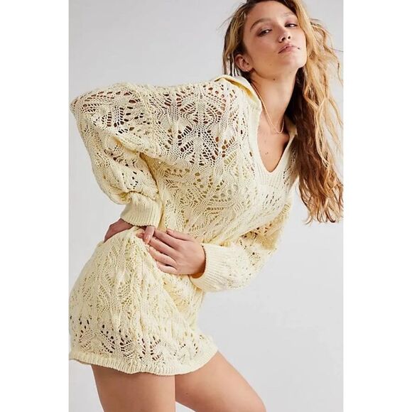 Free People Butter Yellow Elton Mini Dress Crochet Size XL - Picture 12 of 12